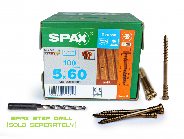 Spax Stainless Antique finish 5.0 x 60mm x 100 box decking screw