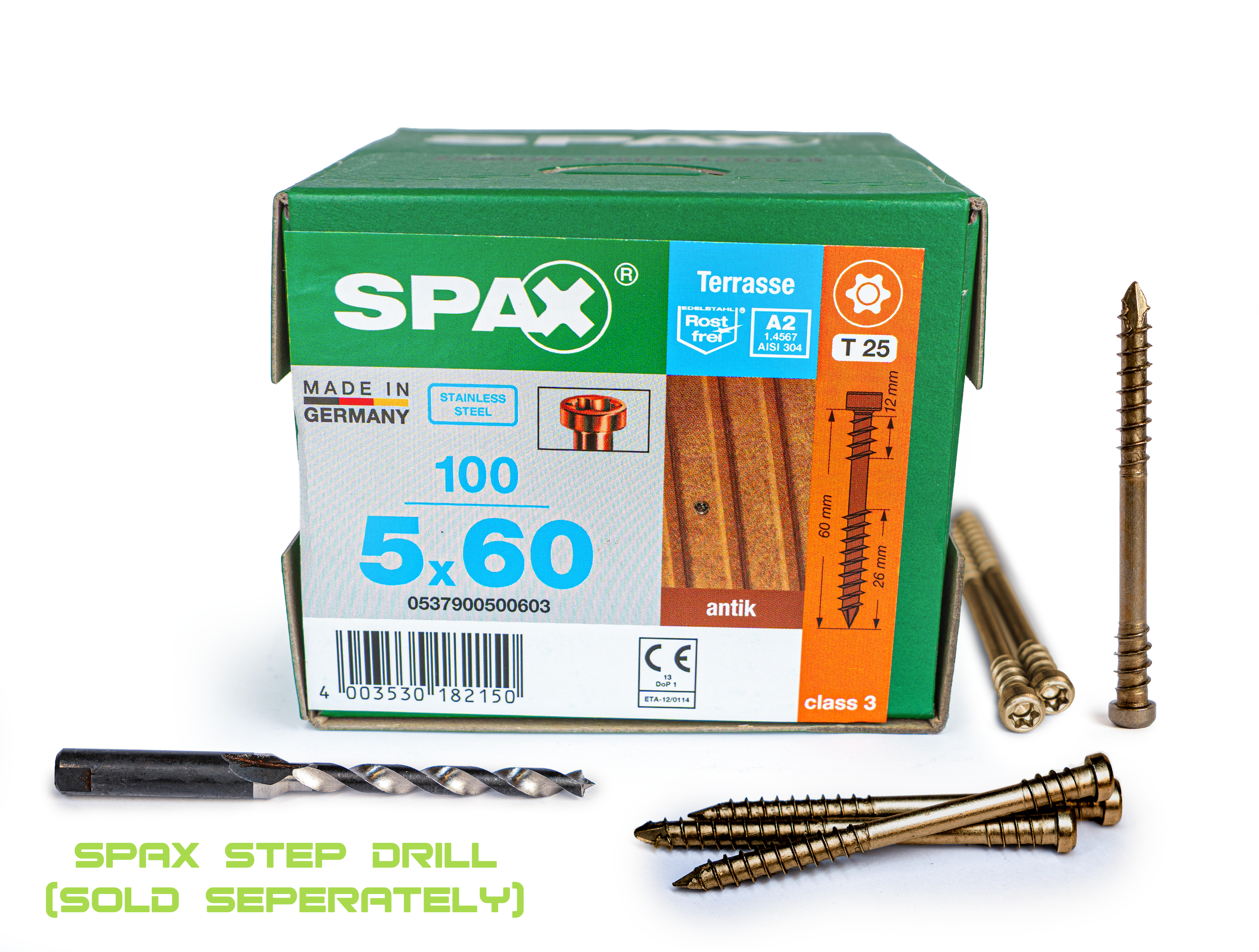 Spax Stainless Antique finish 5.0 x 60mm x 100 box decking screw